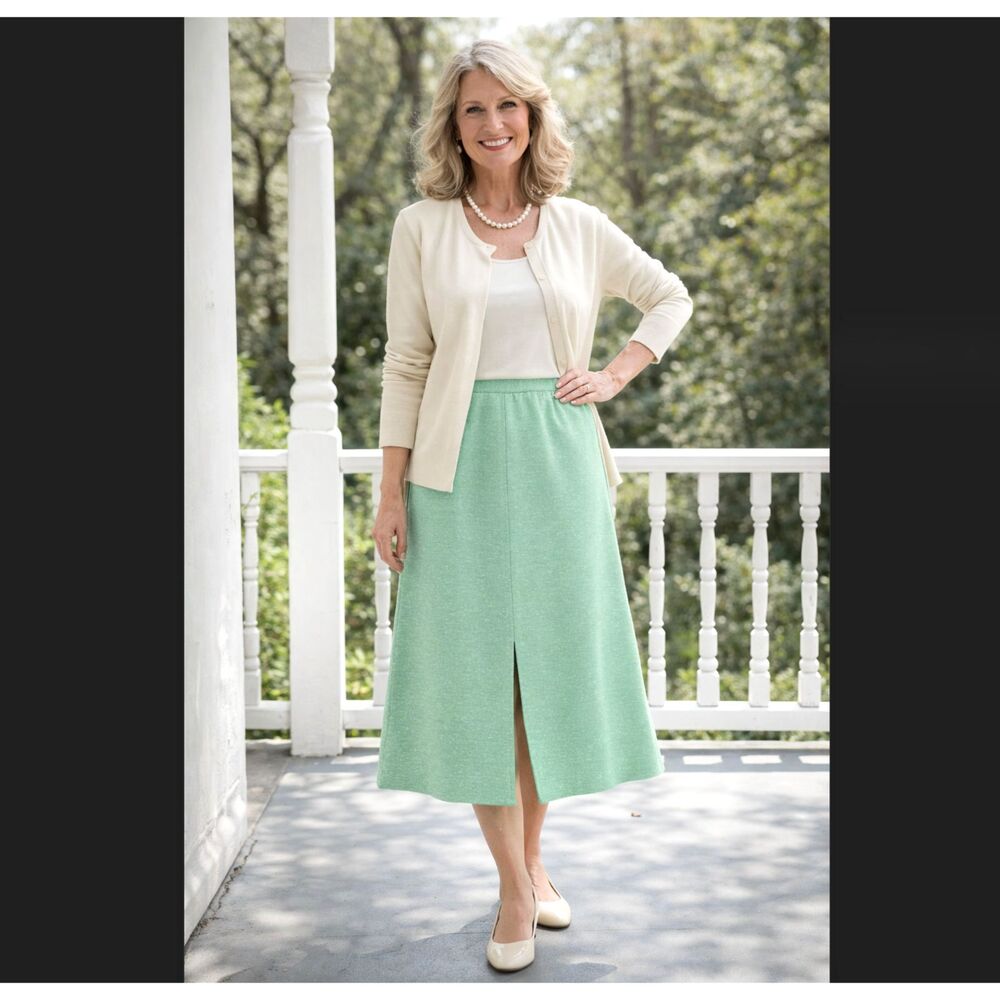 Vintage A-Line Skirt 6 Mint Green Midi Elastic Waist Front Slit Center Stage NWT